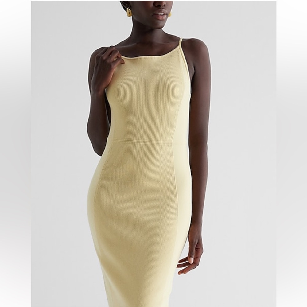 NWT Express Ribbed High Square Neck XL Pale Yellow Sweater Dress - Picture 4 of 5